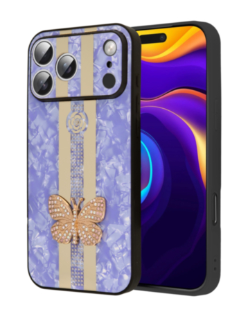 Luxury Printed Ring Holder Case for iPhone 17 Pro Max / 18 Pro Max (BLUE BUTTERFLY STRIPE) (Only Ground Shipping)