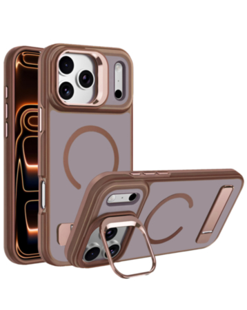 Matte Transparent Camera Stand & Kickstand with Wireless Charging Case for iPhone 17 Pro Max / 18 Pro Max (Brown) (Only Ground Shipping)