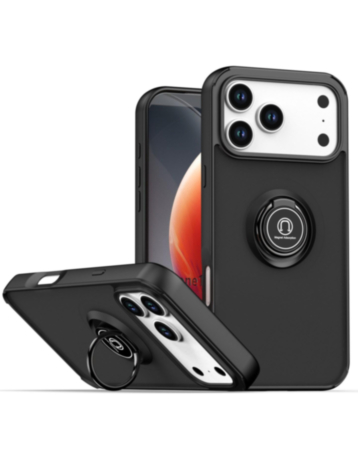 Hard PC Rear / Soft TPU Colorful Border Case with ring Holder for iPhone 17 Pro Max / 18 Pro Max (BLACK) (Only Ground Shipping)