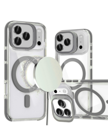Thin Magnetic Clear Case with Camera Stand Kickstand (Gray) for iPhone 17 Pro Max / 18 Pro Max (Only Ground Shipping)