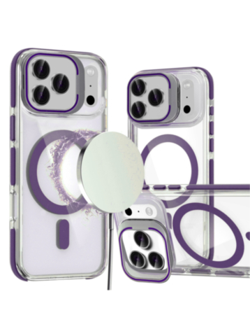 Thin Magnetic Clear Case with Camera Stand Kickstand (Purple) for iPhone 17 Pro Max / 18 Pro Max (Only Ground Shipping)