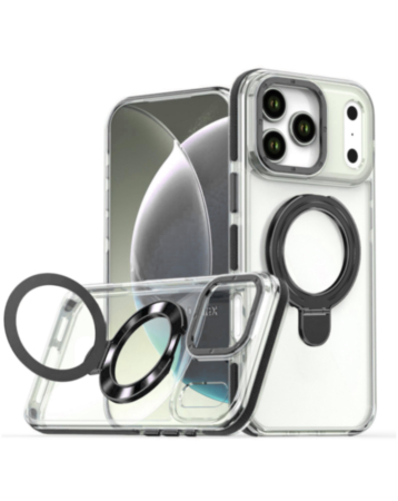 Transparent Wireless Charging Kickstand Case (Black) for iPhone 17 Pro Max / 18 Pro Max (Only Ground Shipping)
