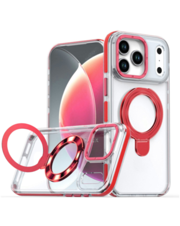Transparent Wireless Charging Kickstand Case (Red) for iPhone 17 Pro Max / 18 Pro Max (Only Ground Shipping)