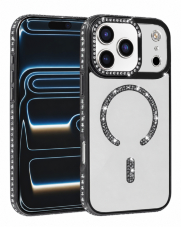 Rhinestone Magnetic Clear Protective Case for iPhone 17 Pro / 18 Pro (BLACK) (Only Ground Shipping)