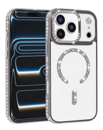 Rhinestone Magnetic Clear Protective Case for iPhone 17 Pro / 18 Pro (SILVER) (Only Ground Shipping)