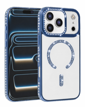 Rhinestone Magnetic Clear Protective Case for iPhone 17 Pro / 18 Pro (NAVY BLUE) (Only Ground Shipping)