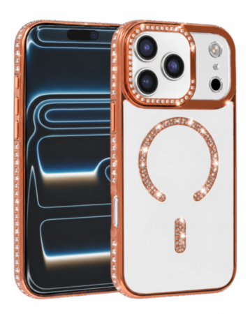 Rhinestone Magnetic Clear Protective Case for iPhone 17 Pro Max / 18 Pro Max (ORANGE) (Only Ground Shipping)
