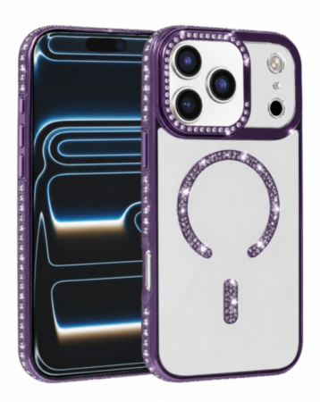 Rhinestone Magnetic Clear Protective Case for iPhone 17 Pro / 18 Pro (PURPLE) (Only Ground Shipping)