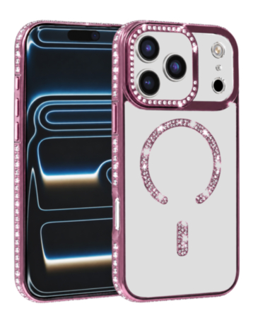 Rhinestone Magnetic Clear Protective Case for iPhone 17 Pro / 18 Pro (ROSE GOLD) (Only Ground Shipping)