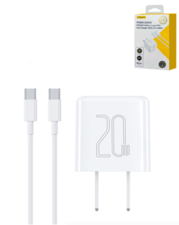 PISEN Pudding Single Port Fast Charger Set with USB C-C Cable (6ft) (20W) (Only Ground Shipping)