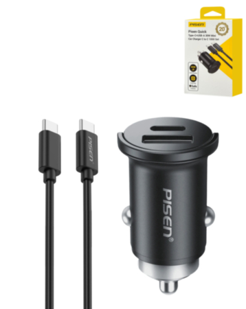 PISEN Quick Type-C + USB-A Mini Car Charger Set with USB C-C Cable (30W) (3ft) (Only Ground Shipping)