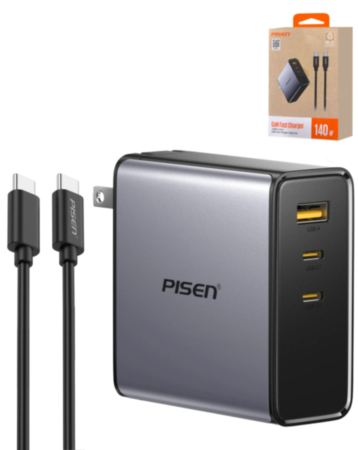 PISEN Bolt GaN 2 Type-C + USB-A Multi-Port Fast Charger Set (140W) (Gray) (Only Ground Shipping)