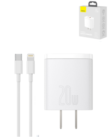 Baseus Compact Quick Charger USB A+C with Superior Series USB C-L Charging Cable (20W) (3ft) (MOON WHITE) (Only Ground Shipping)