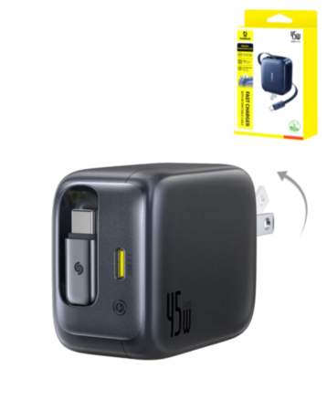 BASEUS EnerCore CJ11 Dual USB C Fast Charger with Retractable Cable (45W) (COSMIC BLACK) (Only Ground Shipping)