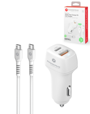 PowerPeak USB A+C Dual PD Car Charger with USB C-C Cable (48W) (White) (Only Ground Shipping)