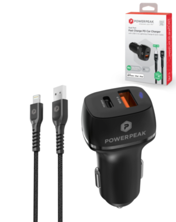PowerPeak USB A+C Dual PD Car Charger with USB C-L MFI Cable (4ft) (38W) (Black) (Only Ground Shipping)