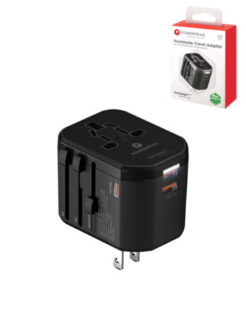 PowerPeak Universal Power Adapter with USB-C & USB-A Ports (30W) - (BLACK) (Only Ground Shipping)