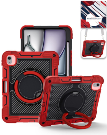 Multi-Functional Rugged Swivel Stand Case with Shoulder Strap (RED) for iPad Air 13 (2024 / 2025 / 2026) (Only Ground Shipping)