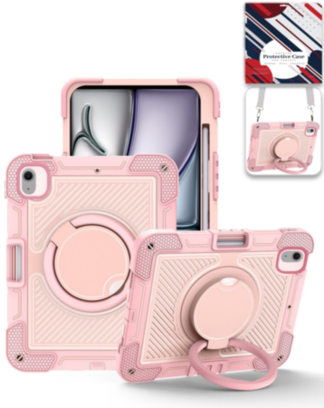 Multi-Functional Rugged Swivel Stand Case with Shoulder Strap (PINK) for iPad Air 13 (2024 / 2025 / 2026) (Only Ground Shipping)