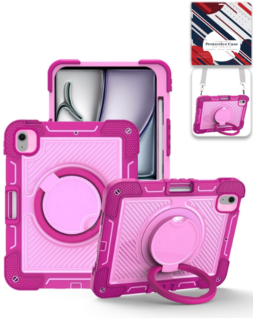 Multi-Functional Rugged Swivel Stand Case with Shoulder Strap (HOT PINK) for iPad Air 13 (2024 / 2025 / 2026) (Only Ground Shipping)
