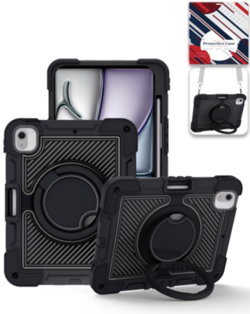 Multi-Functional Rugged Swivel Stand Case with Shoulder Strap (BLACK) for iPad Air 13 (2024 / 2025 / 2026) (Only Ground Shipping)