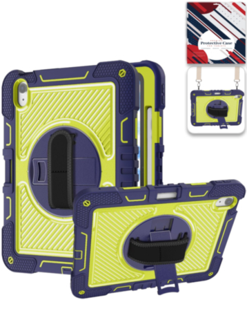360 Rotating Hand Strap & Kickstand Case with Shoulder Strap (NAVY BLUE) for iPad 10 2022 (10.9") / iPad 11 (A16) (Only Ground Shipping)