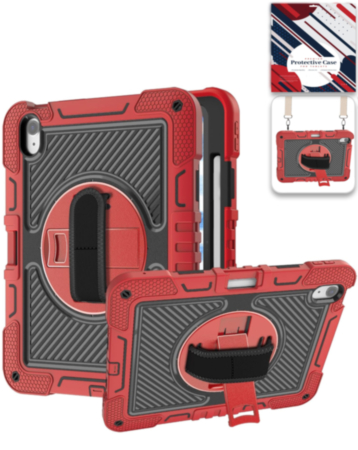 360 Rotating Hand Strap & Kickstand Case with Shoulder Strap (RED) for iPad 10 2022 (10.9") / iPad 11 (A16) (Only Ground Shipping)