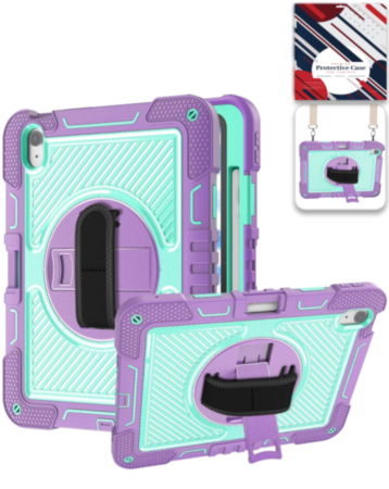 360 Rotating Hand Strap & Kickstand Case with Shoulder Strap (PURPLE) for iPad 10 2022 (10.9") / iPad 11 (A16) (Only Ground Shipping)