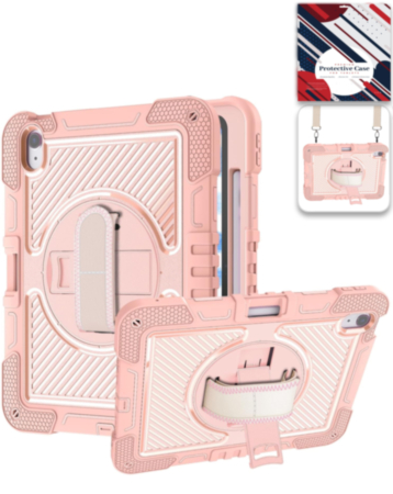 360 Rotating Hand Strap & Kickstand Case with Shoulder Strap (PINK) for iPad 10 2022 (10.9") / iPad 11 (A16) (Only Ground Shipping)