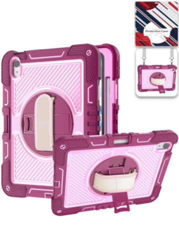 360 Rotating Hand Strap & Kickstand Case with Shoulder Strap (HOT PINK) for iPad 10 2022 (10.9") / iPad 11 (A16) (Only Ground Shipping)