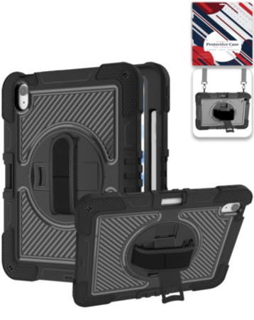 360 Rotating Hand Strap & Kickstand Case with Shoulder Strap (BLACK) for iPad 10 2022 (10.9") / iPad 11 (A16) (Only Ground Shipping)