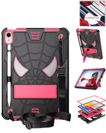 Rugged SpiderGrip Tablet Case with Kickstand & Shoulder Strap (BLACK & PINK) for iPad Mini 6 / 7 (Only Ground Shipping)