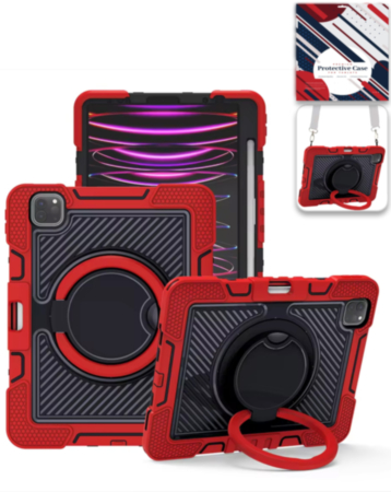 Multi-Functional Rugged Swivel Stand Case with Shoulder Strap (RED) for iPad Pro 13 (2024 / 2025) (Only Ground Shipping)