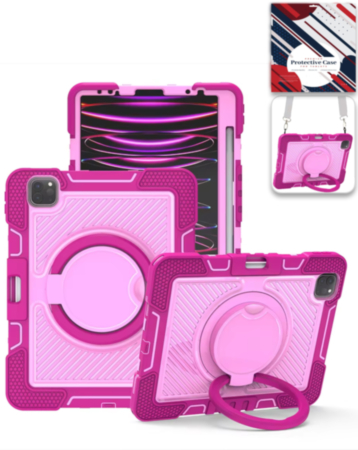 Multi-Functional Rugged Swivel Stand Case with Shoulder Strap (HOT PINK) for iPad Pro 13 (2024 / 2025) (Only Ground Shipping)