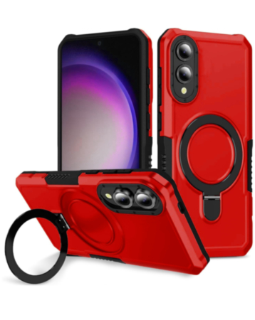 Hard PC Shockproof Case w /Ring Holder - RED for Galaxy S25E (Only Ground Shipping)
