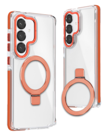 Galaxy S26 Thin Magnetic Clear Case with Camera Stand Kickstand - ORANGE (Only Ground Shipping)