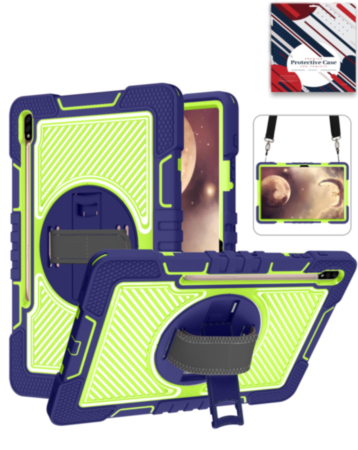 360 Rotating Hand Strap & Kickstand Case with Shoulder Strap (NAVY BLUE) for Galaxy Tab S9 / Tab S9 FE / Tab S10 FE / Tab S10 Lite (Only Ground Shipping)