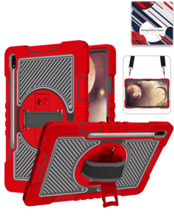 360 Rotating Hand Strap & Kickstand Case with Shoulder Strap (RED) for Galaxy Tab S9 / Tab S9 FE / Tab S10 FE / Tab S10 Lite (Only Ground Shipping)