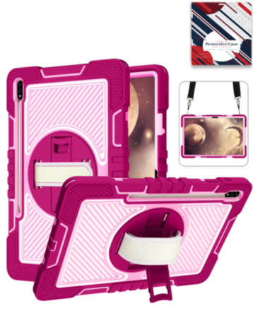 360 Rotating Hand Strap & Kickstand Case with Shoulder Strap (HOT PINK) for Galaxy Tab S9 / Tab S9 FE / Tab S10 FE / Tab S10 Lite (Only Ground Shipping)