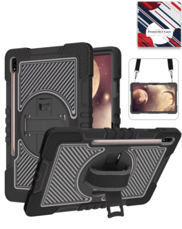 360 Rotating Hand Strap & Kickstand Case with Shoulder Strap (BLACK) for Galaxy Tab S9 / Tab S9 FE / Tab S10 FE / Tab S10 Lite (Only Ground Shipping)