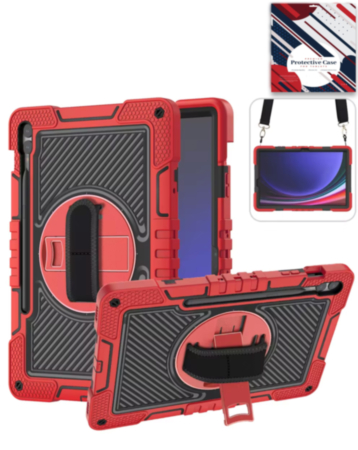 360 Rotating Hand Strap & Kickstand Case with Shoulder Strap (RED) for Galaxy Tab S9 FE / Tab S9 Plus / Tab S10 Plus (Only Ground Shipping)