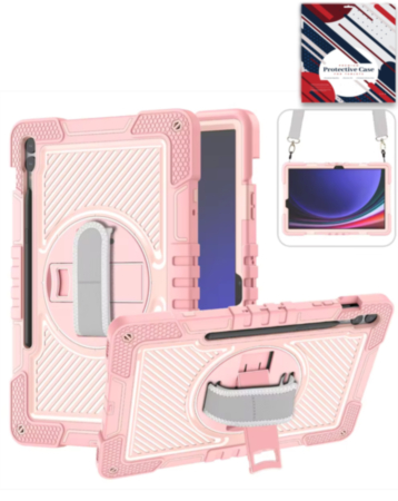 360 Rotating Hand Strap & Kickstand Case with Shoulder Strap (PINK) for Galaxy Tab S9 FE / Tab S9 Plus / Tab S10 Plus (Only Ground Shipping)