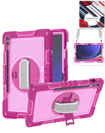 360 Rotating Hand Strap & Kickstand Case with Shoulder Strap (HOT PINK) for Galaxy Tab S9 FE / Tab S9 Plus / Tab S10 Plus (Only Ground Shipping)