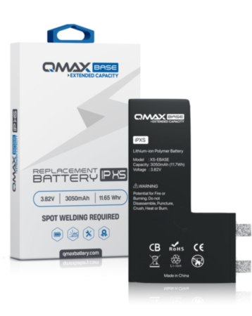 Stock up on the QMAX Base extended capacity replacement battery for iPhone XS with 3050 mAh. Spot weld required.