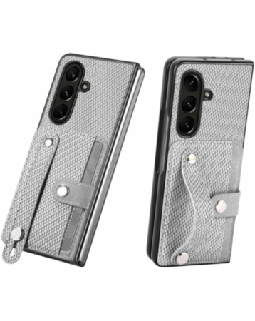 Galaxy Z Fold 7 Carbon Fiber Texture Card Slot Wrist Strap Holder Case - WHITE (Only Ground Shipping)