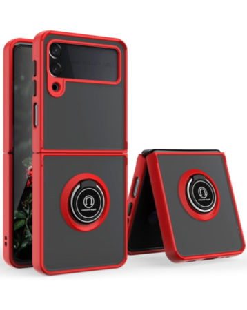 Galaxy Z Flip 3 Hard PC Rear / Soft TPU Colorful Border Case with I - ring Holder -RED (Only Ground Shipping)