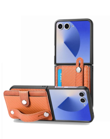 Wallet Case with Credit Card Holder Slot & Wristband - BROWN for Galaxy Z Flip 7 (Only Ground Shipping)