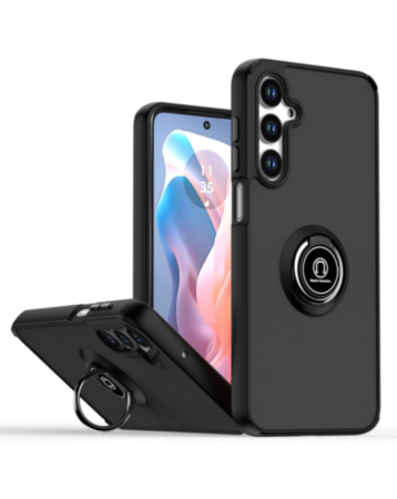 Hard PC Rear / Soft TPU Colorful Border Case with I-ring Holder - BLACK for Galaxy A36 (Only Ground Shipping)
