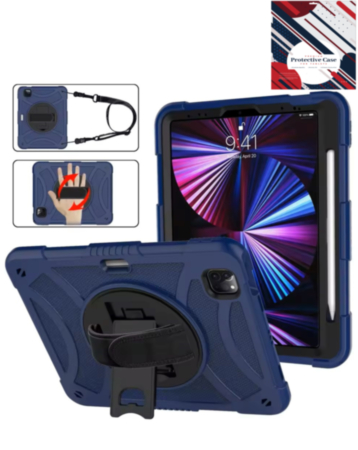 Hand Adjustable Heavy Duty Case with Shoulder Strap - DARK BLUE for iPad Air 4 / Air 5 / Pro 11 (1st / 2nd / 3rd / 4th) (Only Ground Shipping)