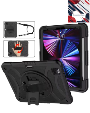 Hand Adjustable Heavy Duty Case with Shoulder Strap - BLACK for iPad Air 4 / Air 5 / Pro 11 (1st / 2nd / 3rd / 4th) (Only Ground Shipping)